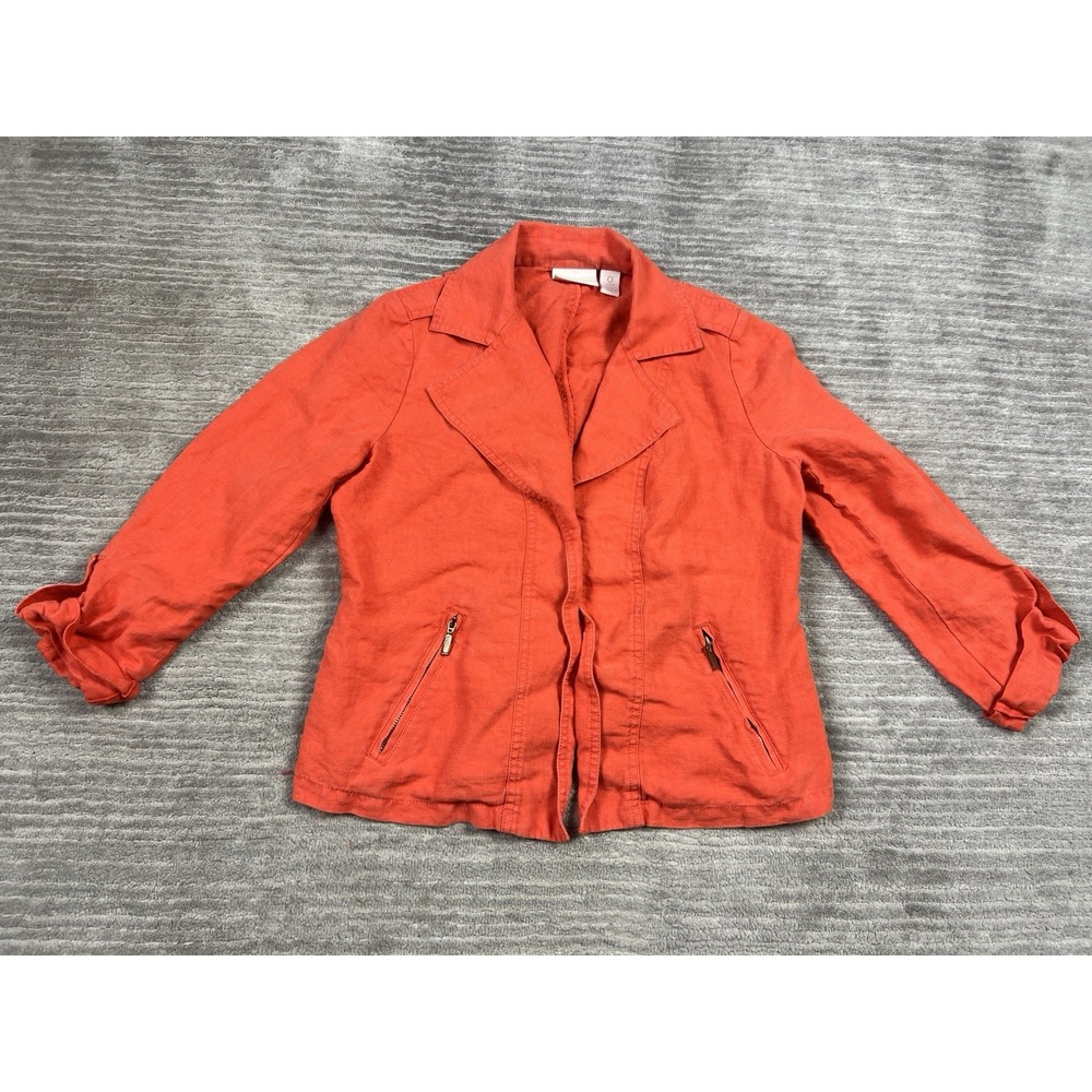 Chicos Jacket Womens Small Orange Linen 3/4 Sleeve Open Front Pockets
